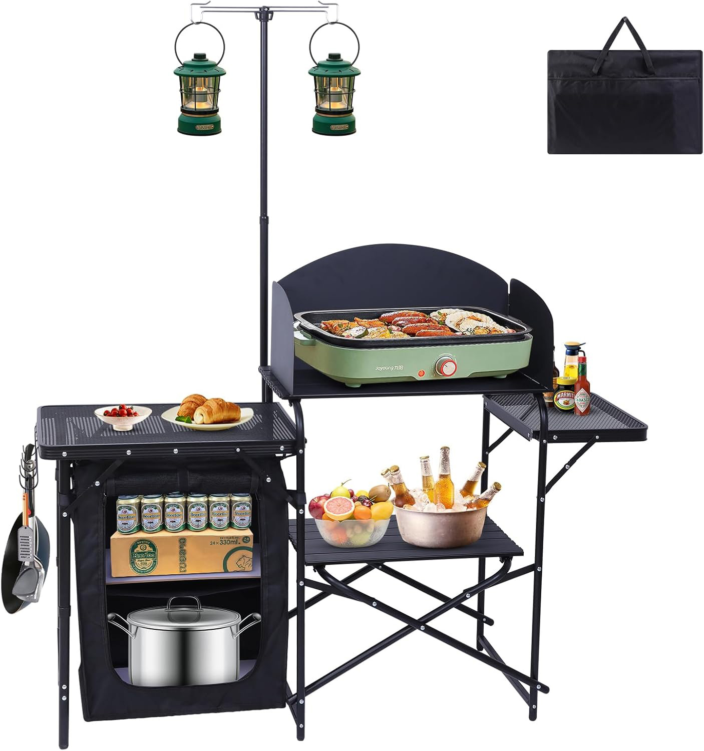 Camping Cooking Table With Windshield - Camping-Küchenstation, Klapptisch & Organizer, Verbesserte Lichtständer-