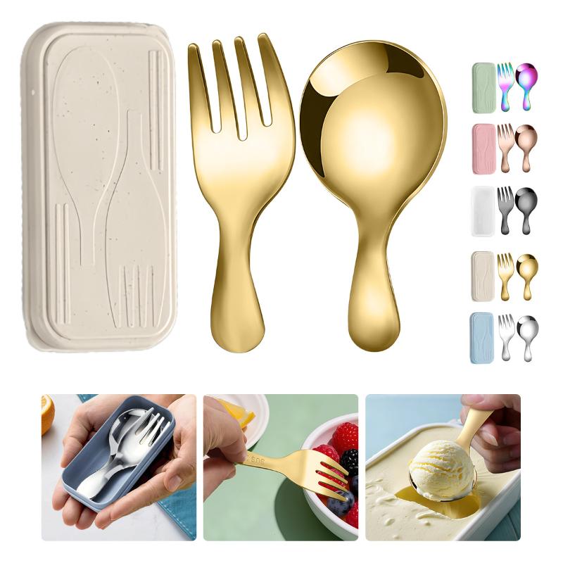 Camping Cooking Portable - Edelstahl-Geschirr-Set, Löffel, Gabel, 2-teilig, tragbar, mit